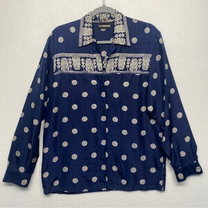 Diane Gilman Silk Blouse Button Down Navy Blue S Floral Medallion